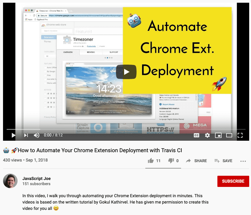 Joe's YouTube video on how to automate your Chrome Extension Deployment with Travis CI