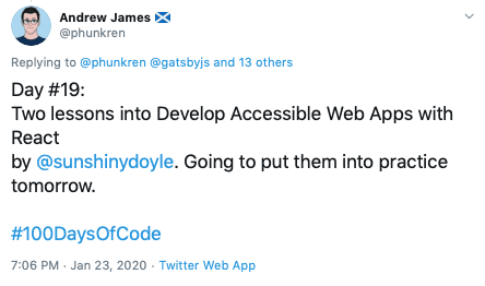 tweet from Andrew James about taking the course