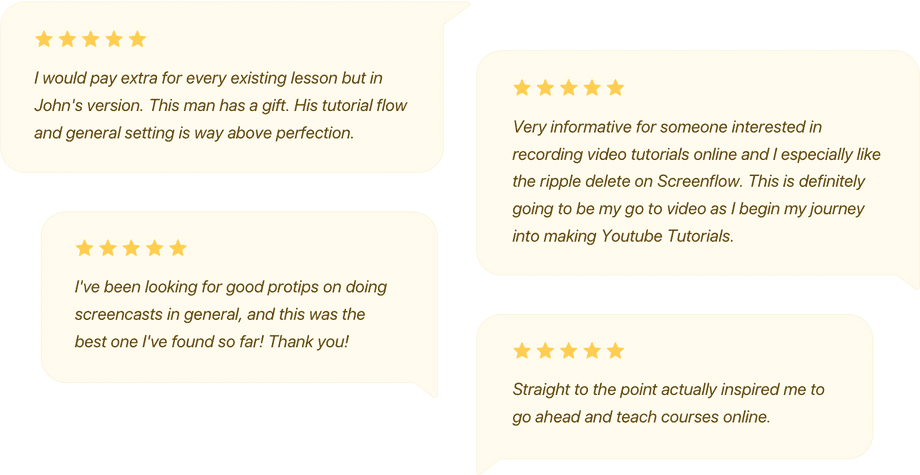 5 star reviews telling us how great the screencast course is
