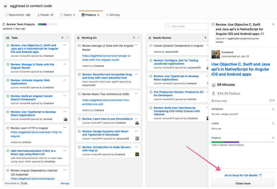 screenshot of github projects with issue open