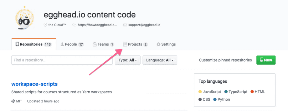 screenshot of github projects button