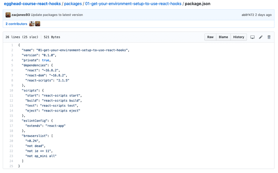 screenshot of lessons package.json
