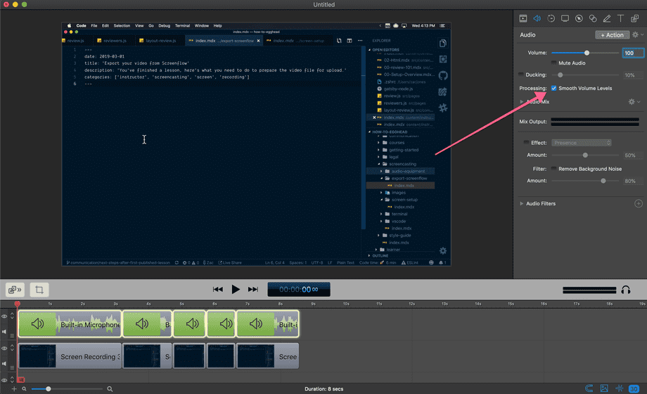 screenshot showing how to smooth audio levels in screenflow