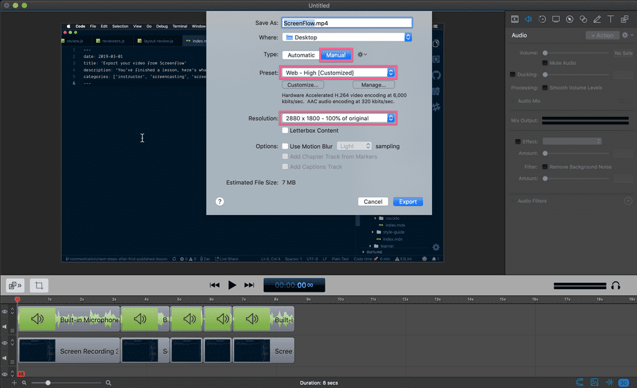 screenshot showing export settings for screen flow