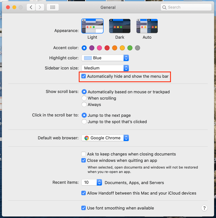 how to not hide menu bar on mac